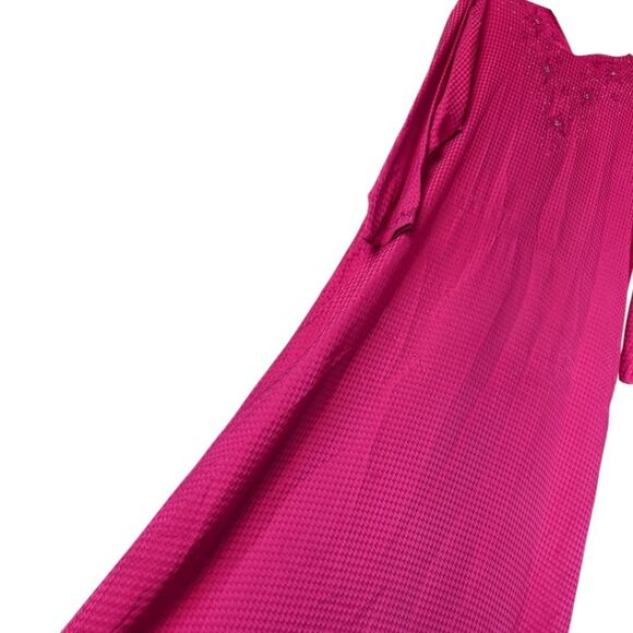 Vintage Embroidered Pure Silk Fuchsia Pink Midi Dress - Picture 13 of 17